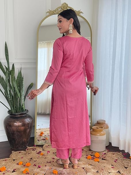 Naixa Women's Viscose Silk Embroidered Straight Kurta with Pant and Dupatta Sets (Available in Plus Size) (NX-657)
