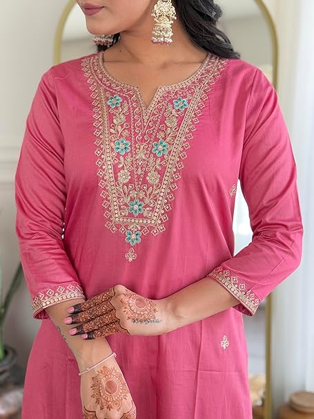 Naixa Women's Viscose Silk Embroidered Straight Kurta with Pant and Dupatta Sets (Available in Plus Size) (NX-657)