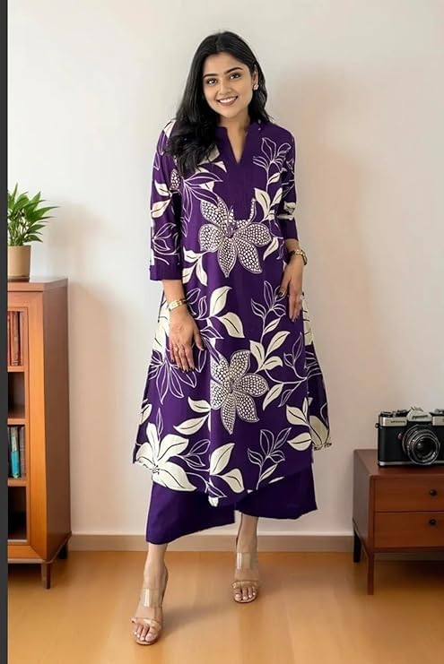 MEERA FAB Women's Pure Cotton Printed Ethnic Wear Straight Kurta Set with Palazzo Pants