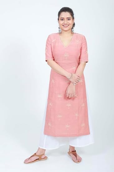 Chanderi Diti Hand Embroidered Kurta |Elegant Women’s Kurti Stylish 3/4 Sleeve | Ethnic Tunic for Casual, Office (Peach Colour) Medium