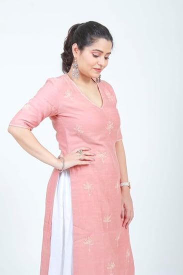 Chanderi Diti Hand Embroidered Kurta |Elegant Women’s Kurti Stylish 3/4 Sleeve | Ethnic Tunic for Casual, Office (Peach Colour) Medium