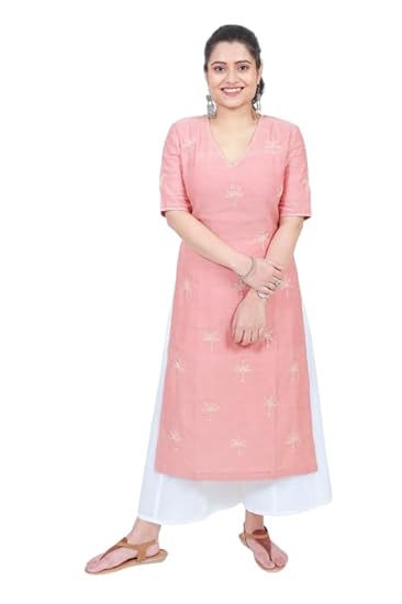 Chanderi Diti Hand Embroidered Kurta |Elegant Women’s Kurti Stylish 3/4 Sleeve | Ethnic Tunic for Casual, Office (Peach Colour) Medium