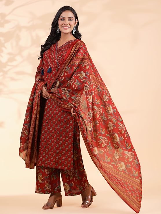 Vbuyz Women’s Pure Cotton Green Stitched Kurta Pant and Dupatta Set Ethnic Wear | Kurta Pant | Kurta Set for Women | Printed Kurta Set