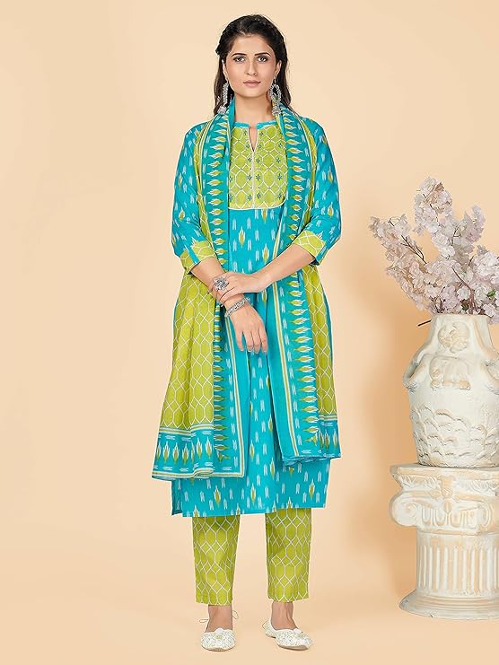 Vbuyz Women's Printed & Embellished & Mirror Work Straight Cotton Stitched Kurta set | Straight Kurta Pant Dupatta | Kurta Set with Dupatta for Women | Suit Set | Ethnic Set | Printed Kurta Set