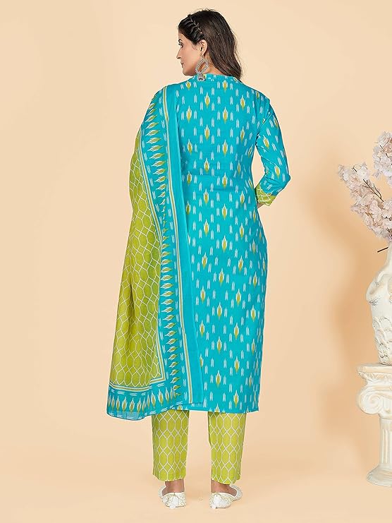 Vbuyz Women's Printed & Embellished & Mirror Work Straight Cotton Stitched Kurta set | Straight Kurta Pant Dupatta | Kurta Set with Dupatta for Women | Suit Set | Ethnic Set | Printed Kurta Set