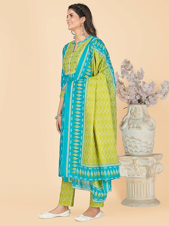 Vbuyz Women's Printed & Embellished & Mirror Work Straight Cotton Stitched Kurta set | Straight Kurta Pant Dupatta | Kurta Set with Dupatta for Women | Suit Set | Ethnic Set | Printed Kurta Set