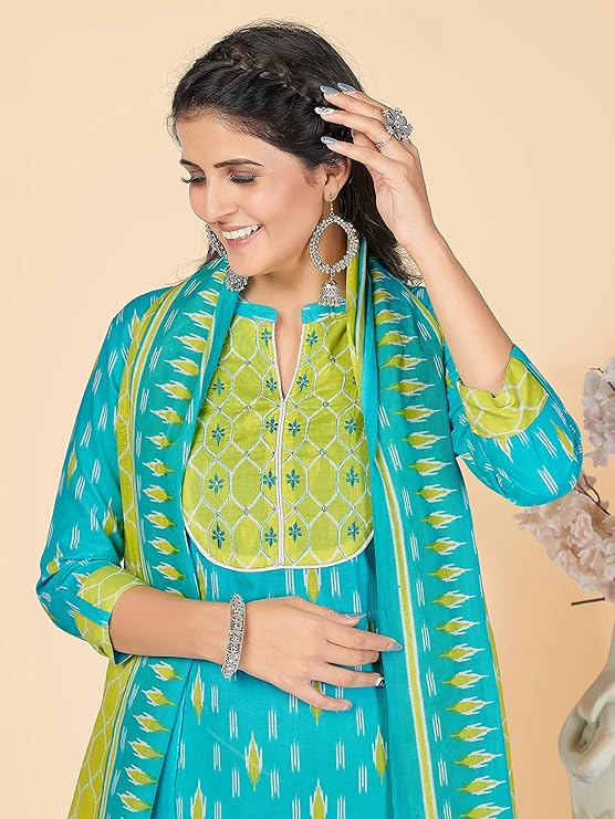 Vbuyz Women's Printed & Embellished & Mirror Work Straight Cotton Stitched Kurta set | Straight Kurta Pant Dupatta | Kurta Set with Dupatta for Women | Suit Set | Ethnic Set | Printed Kurta Set
