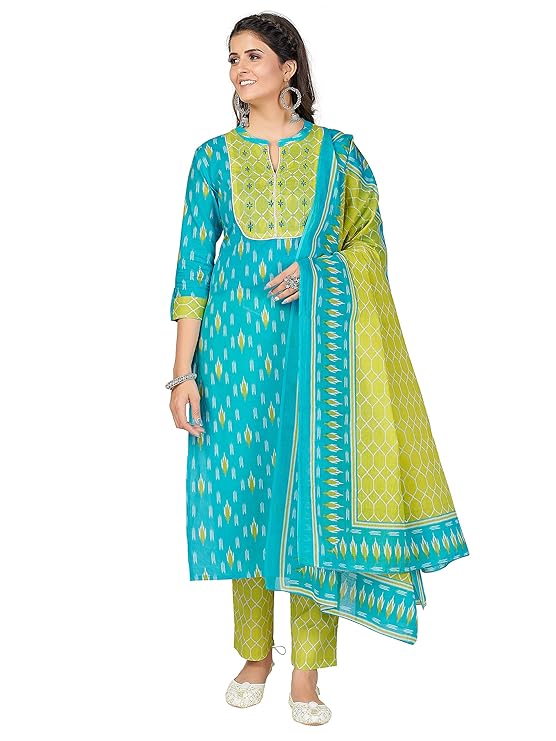 Vbuyz Women's Printed & Embellished & Mirror Work Straight Cotton Stitched Kurta set | Straight Kurta Pant Dupatta | Kurta Set with Dupatta for Women | Suit Set | Ethnic Set | Printed Kurta Set