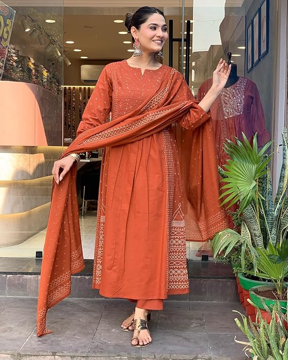 ANNI DESIGNER Women's Rayon Viscose Anarkali Printed Kurta with Pant & Dupatta