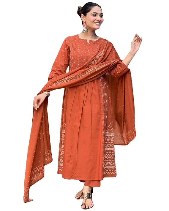 ANNI DESIGNER Women's Rayon Viscose Anarkali Printed Kurta with Pant & Dupatta