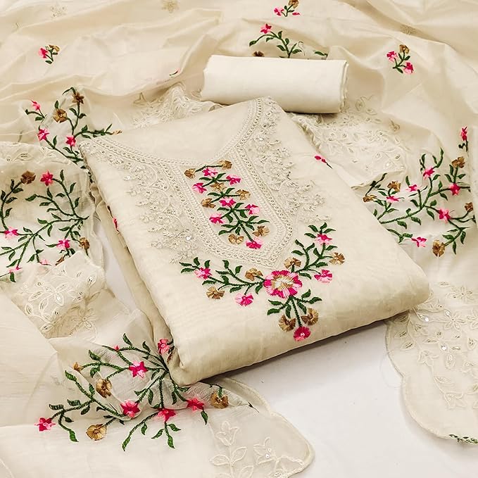 Sidhidata Women's Heavy Cotton Thread & Sequence Embroidery Work Unstitched Salwar Suit Dress Material With Chanderi Sequence Work Dupatta (Free Size)