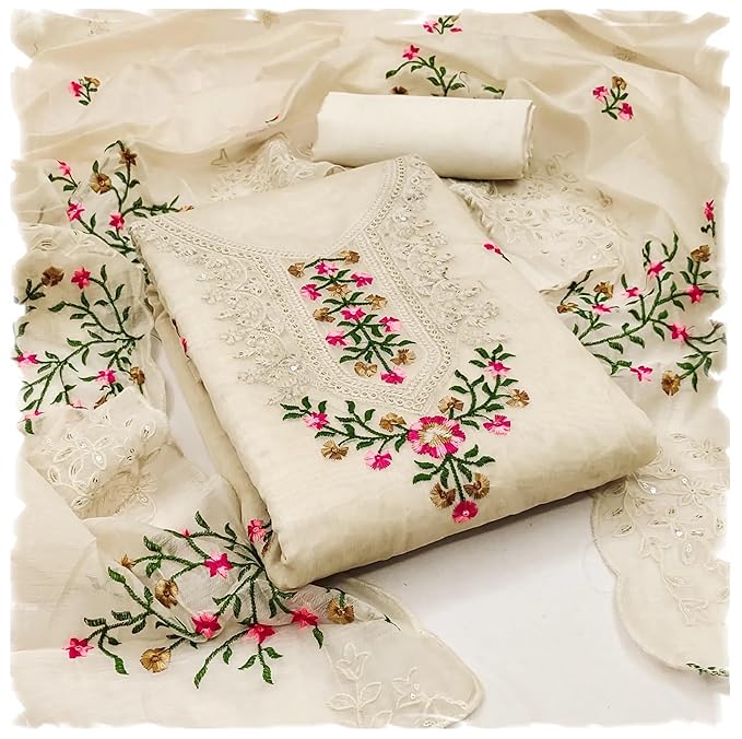 Sidhidata Women's Heavy Cotton Thread & Sequence Embroidery Work Unstitched Salwar Suit Dress Material With Chanderi Sequence Work Dupatta (Free Size)