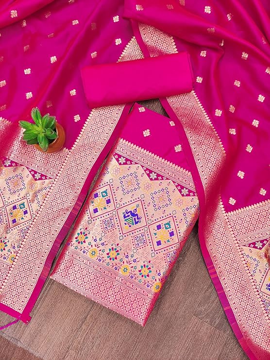 DEVANGI Women's Banarasi Patola Silk Unstitched Salwar Suit Dress Material With Dupatta