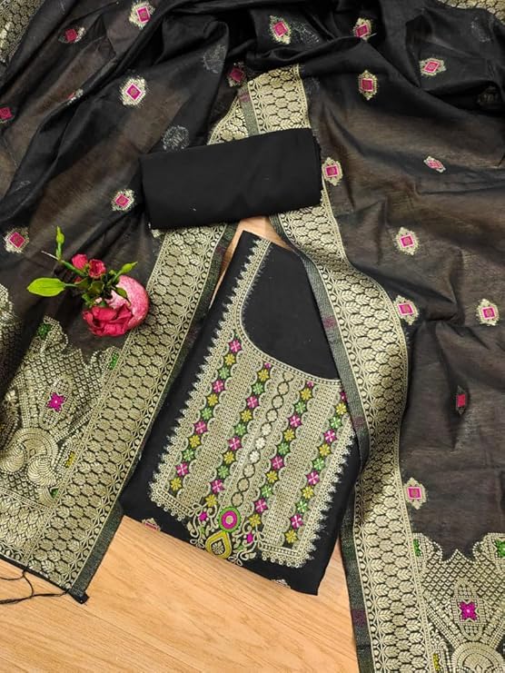 Chanderi Suit Vol 5 | Pure Chanderi Banarasi Silk (3m) | Soft Cotton Bottom (2.5m) | Woven Chanderi Banarasi Silk Dupatta