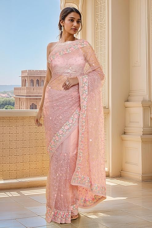 Womens Purple Net Saree With Floral Embroidery