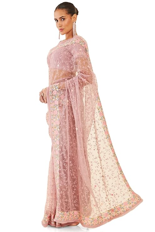 Womens Purple Net Saree With Floral Embroidery