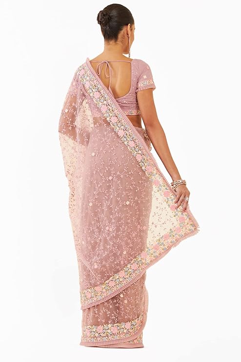 Womens Purple Net Saree With Floral Embroidery