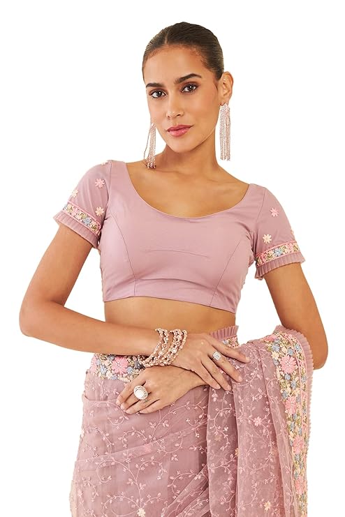 Womens Purple Net Saree With Floral Embroidery