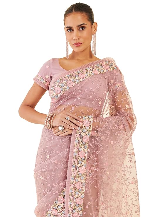 Womens Purple Net Saree With Floral Embroidery
