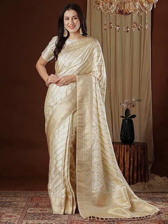 Women's Satin Silk Ethnic Motif Woven Design Saree With Unstitched Blouse