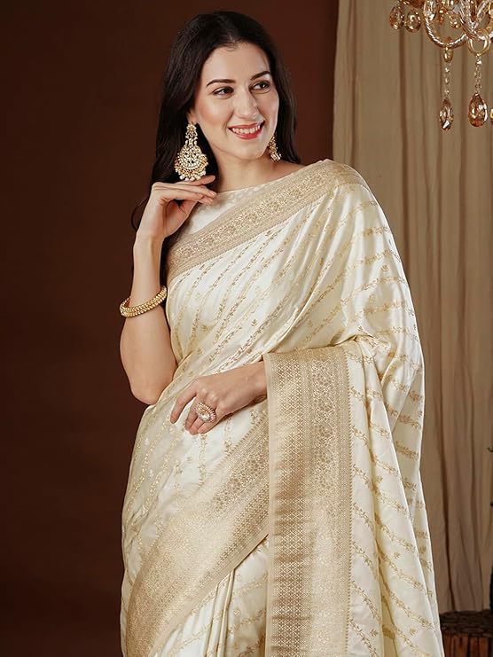 Women's Satin Silk Ethnic Motif Woven Design Saree With Unstitched Blouse