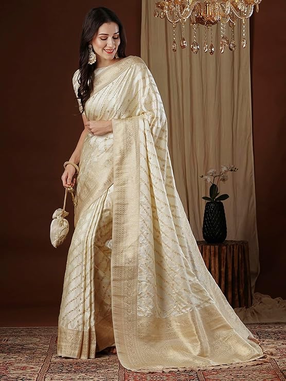 Women's Satin Silk Ethnic Motif Woven Design Saree With Unstitched Blouse